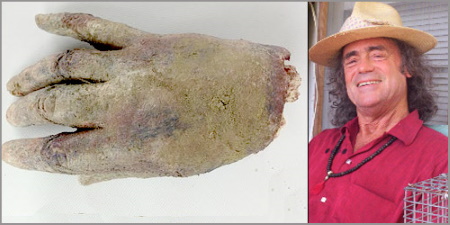 Is this really Johnny's ex-girlfriend's hand as he claimed? Close-up photo of alleged severed human hand alongside a photo of a man in a straw hat and red shirt
