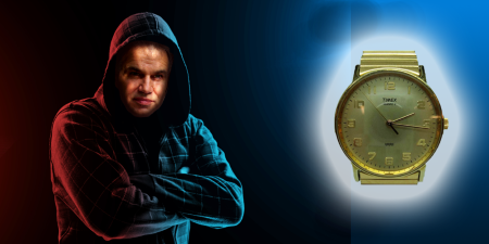 Did Eddie take more than just Andy's watch? Man in a hoodie with police lights in the background and a wristwatch in the foreground
