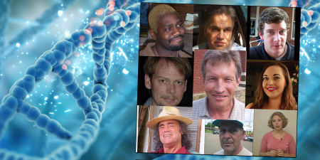Does any of these suspect's DNA link them to the crime scene? Collage of suspects' photos on a DNA helix background
