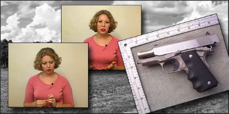 Is Cindy's shocking story the truth or another misdirection? Photos of a woman with short blonde hair alongside a photo of a pistol with a field in the background